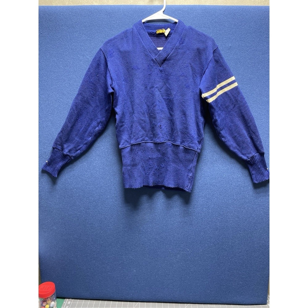 Veg LOWE &‎ CAMPBELL ATHLETIC GOODS Sweater Varsity Blue White Stripes 36 Flaw